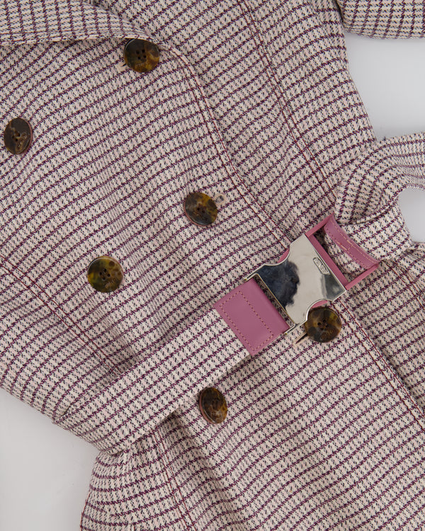 Fendi Red and Pink Micro Houndstooth Belted Jacket with Brown Tortoise Shell Logo Buttons Size IT 38 (UK 6)