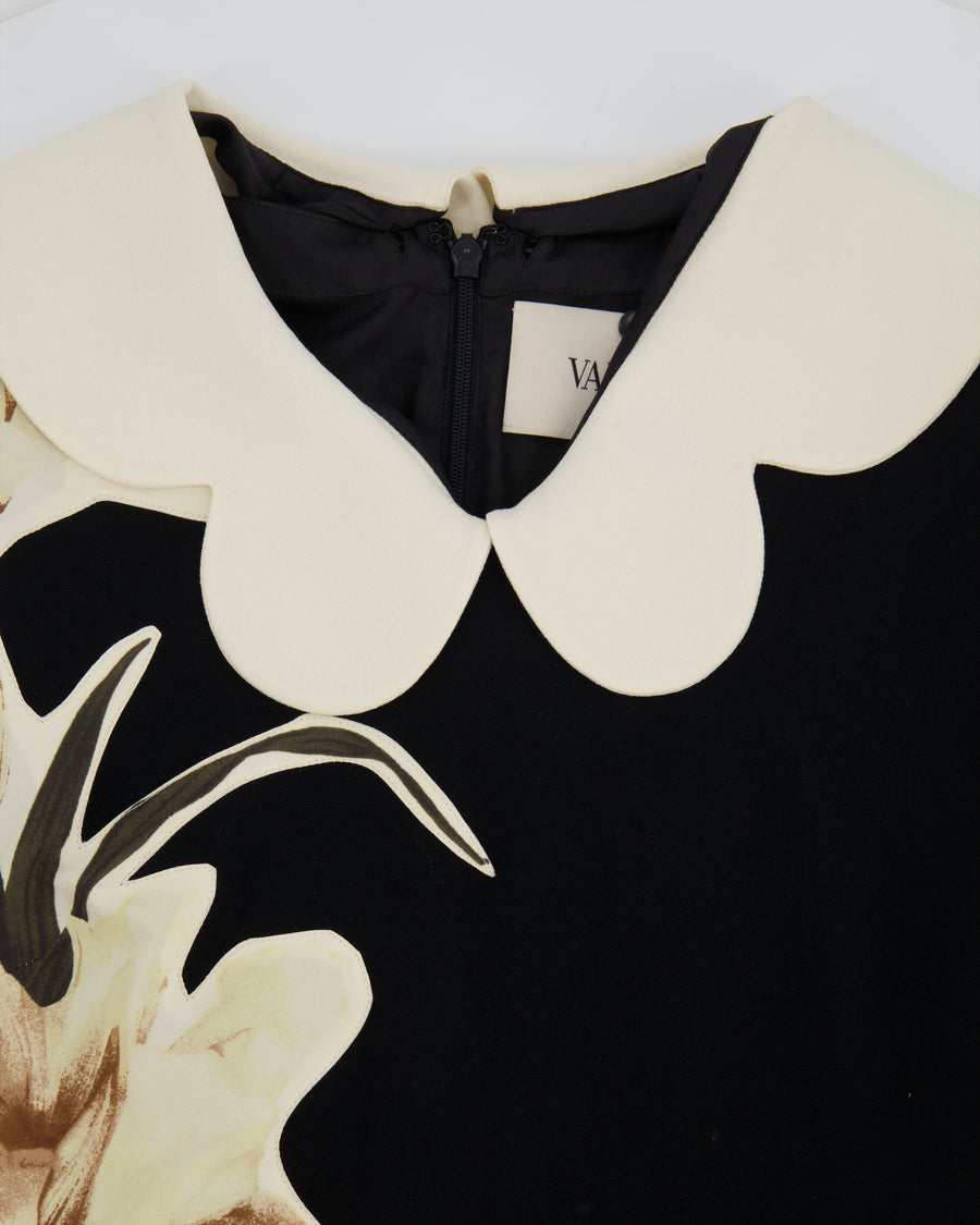 Valentino Black Short Sleeved Mini Dress with Floral Patch Detail and Cream Scalloped Collar Size IT 42 (UK 10)