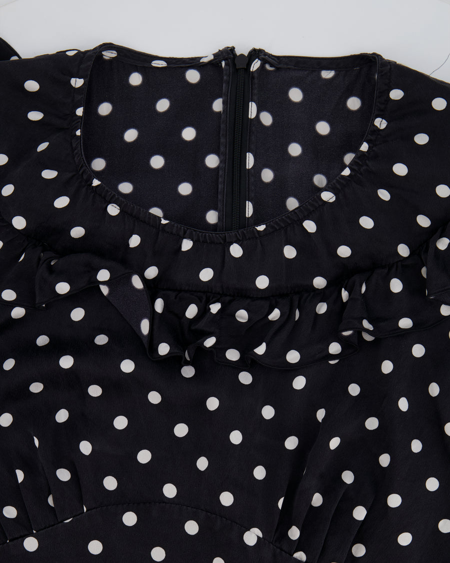 Alessandra Rich Black and White Silk Polkadot Midi Dress with Ruffle Details Size IT 42 (UK 10)