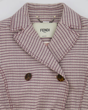 Fendi Red and Pink Micro Houndstooth Belted Jacket with Brown Tortoise Shell Logo Buttons Size IT 38 (UK 6)