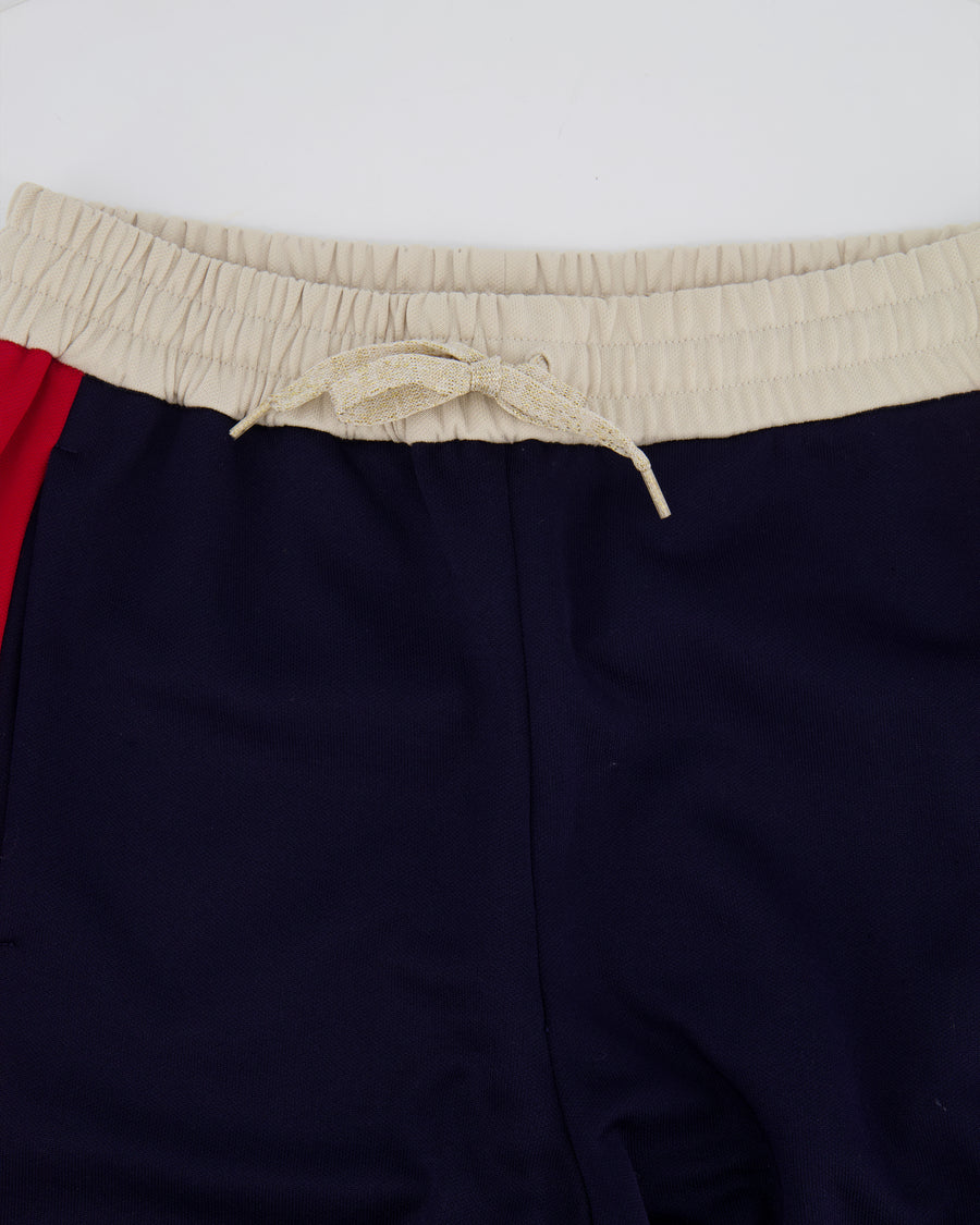 Gucci Navy, Red and Cream Track Pants with Striped Ankle Cuff Detail and Gold Metallic String Size XS (UK 6)
