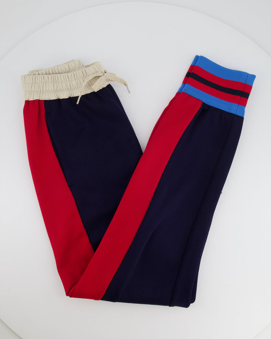 Gucci Navy, Red and Cream Track Pants with Striped Ankle Cuff Detail and Gold Metallic String Size XS (UK 6)