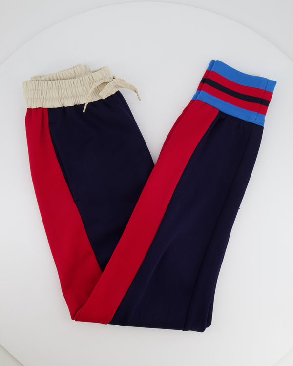 Gucci Navy, Red and Cream Track Pants with Striped Ankle Cuff Detail and Gold Metallic String Size XS (UK 6)