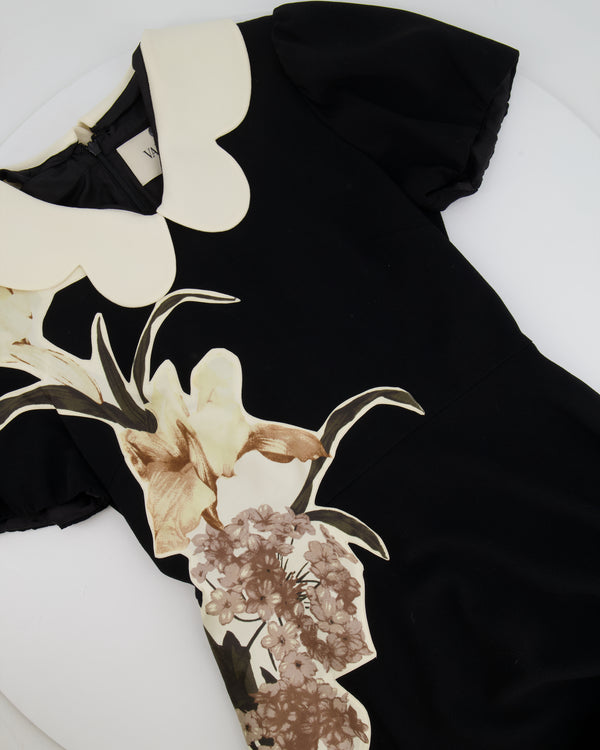 Valentino Black Short Sleeved Mini Dress with Floral Patch Detail and Cream Scalloped Collar Size IT 42 (UK 10)