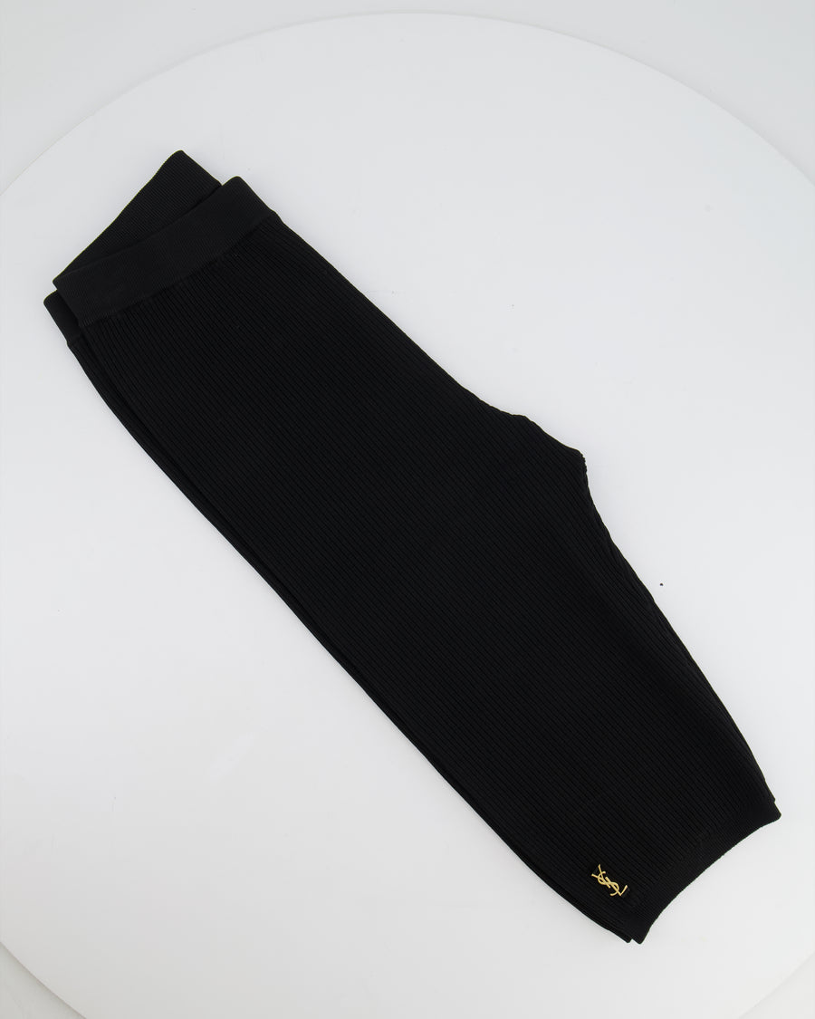 Saint Laurent Black Ribbed Biker Leggings with Gold YSL Logo Detail Size FR 38 (UK 10)