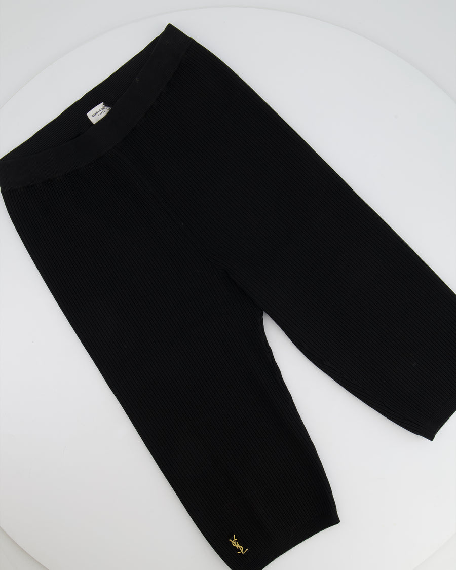 Saint Laurent Black Ribbed Biker Leggings with Gold YSL Logo Detail Size FR 38 (UK 10)