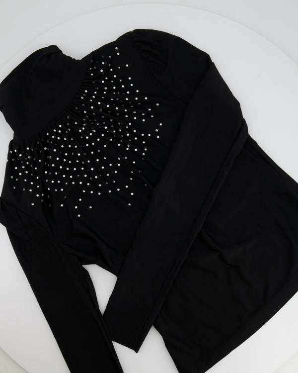 Paco Rabanne Black Crystal Embellished Long Sleeved Top with Rouched Neck Detail Size FR 38 (UK 10) RRP £500