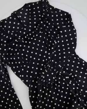 Alessandra Rich Black and White Silk Polkadot Midi Dress with Ruffle Details Size IT 42 (UK 10)