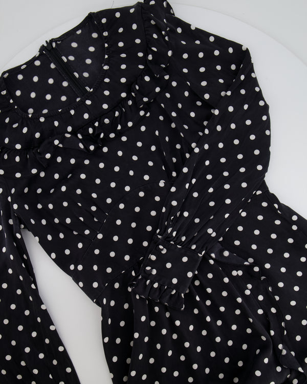 Alessandra Rich Black and White Silk Polkadot Midi Dress with Ruffle Details Size IT 42 (UK 10)