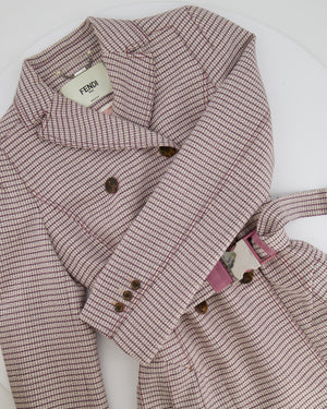Fendi Red and Pink Micro Houndstooth Belted Jacket with Brown Tortoise Shell Logo Buttons Size IT 38 (UK 6)