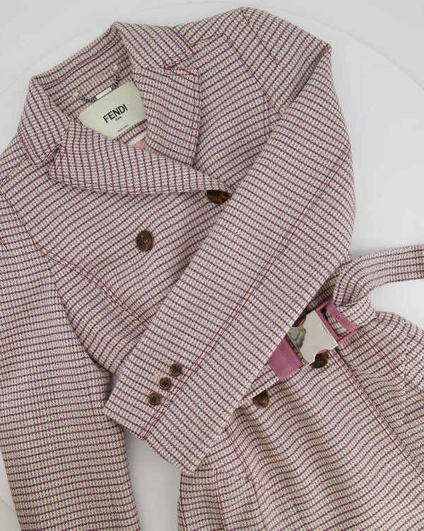 Fendi Red and Pink Micro Houndstooth Belted Jacket with Brown Tortoise Shell Logo Buttons Size IT 38 (UK 6)