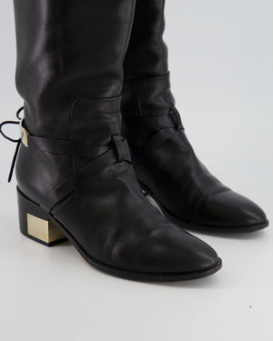 Christian Dior Black Leather Knee High Boots with Gold Logo Detail Size EU 37