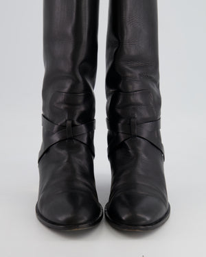 Christian Dior Black Leather Knee High Boots with Gold Logo Detail Size EU 37