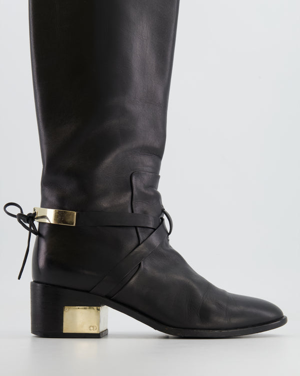Christian Dior Black Leather Knee High Boots with Gold Logo Detail Size EU 37
