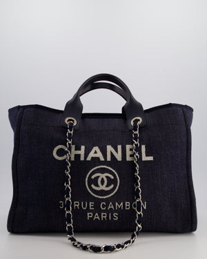 *FIRE PRICE* Chanel Denim Blue Deauville Tote Bag in Canvas & Calfskin Leather with Silver Hardware & White Logo Detail