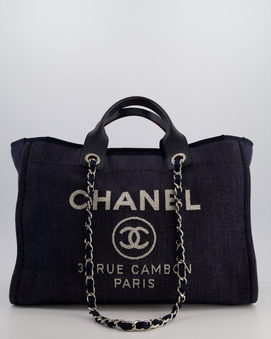 *FIRE PRICE* Chanel Denim Blue Deauville Tote Bag in Canvas & Calfskin Leather with Silver Hardware & White Logo Detail