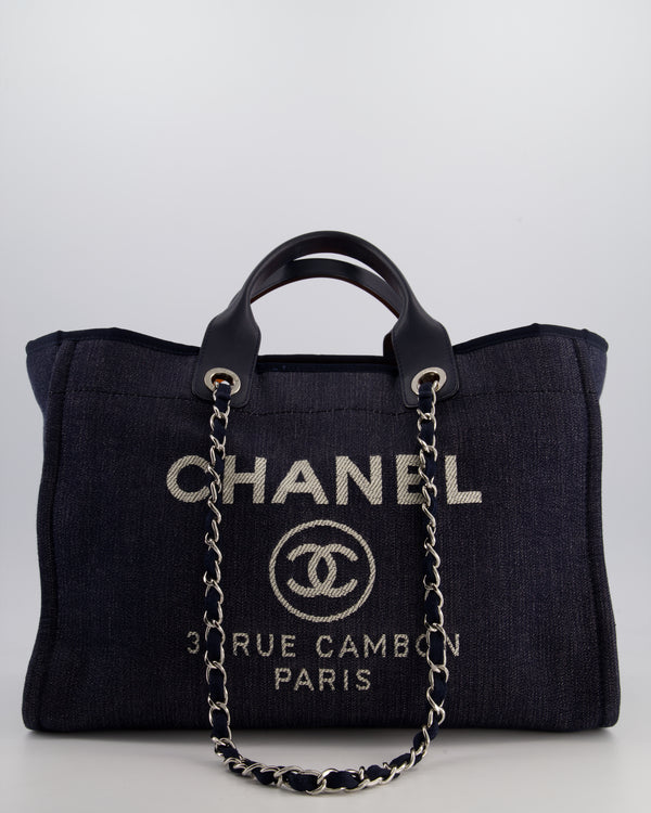 *FIRE PRICE* Chanel Denim Blue Deauville Tote Bag in Canvas & Calfskin Leather with Silver Hardware & White Logo Detail