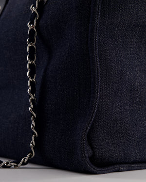 *FIRE PRICE* Chanel Denim Blue Deauville Tote Bag in Canvas & Calfskin Leather with Silver Hardware & White Logo Detail