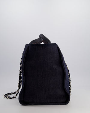*FIRE PRICE* Chanel Denim Blue Deauville Tote Bag in Canvas & Calfskin Leather with Silver Hardware & White Logo Detail