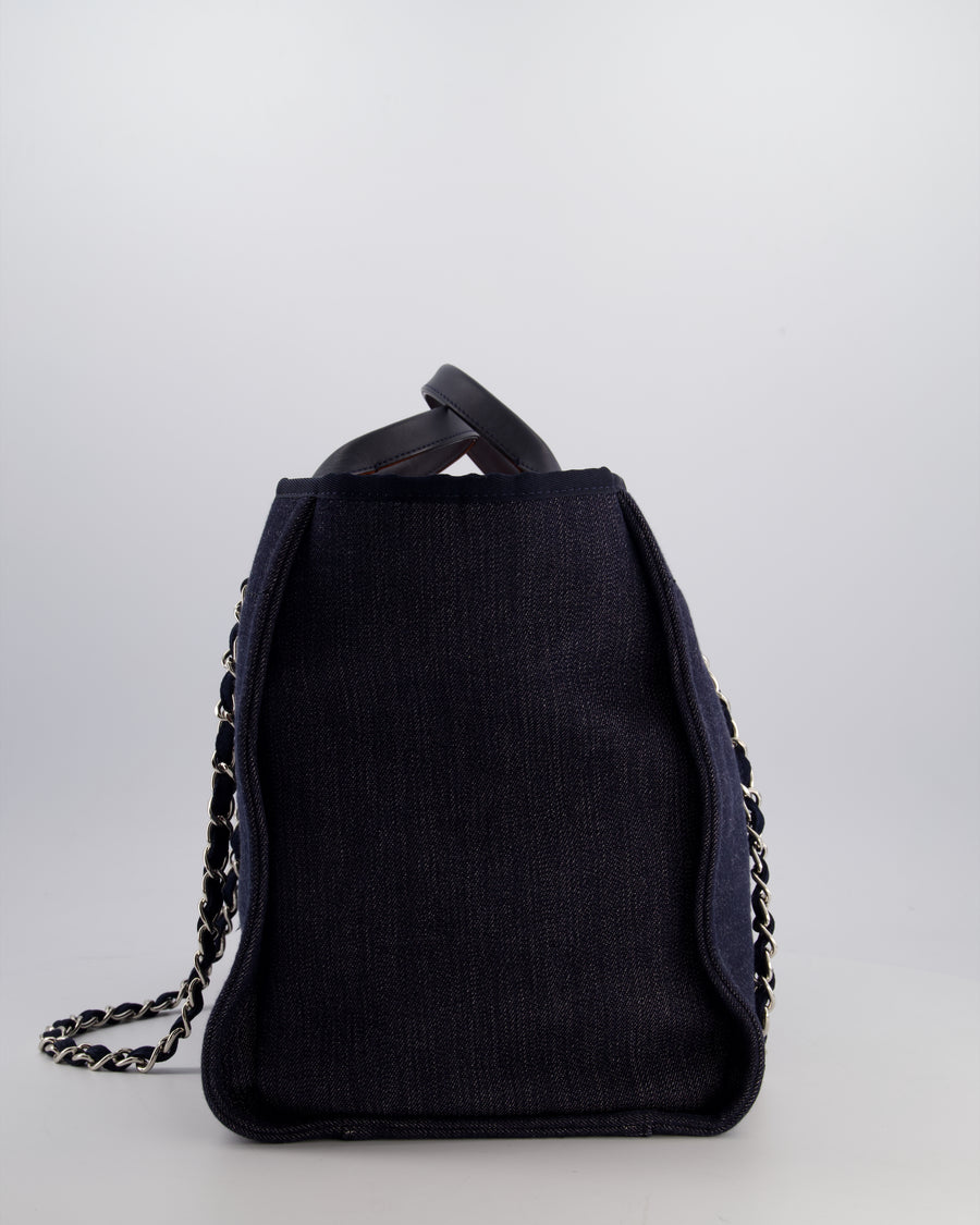 *FIRE PRICE* Chanel Denim Blue Deauville Tote Bag in Canvas & Calfskin Leather with Silver Hardware & White Logo Detail