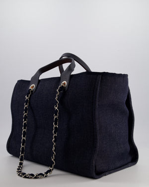 *FIRE PRICE* Chanel Denim Blue Deauville Tote Bag in Canvas & Calfskin Leather with Silver Hardware & White Logo Detail