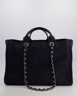 *FIRE PRICE* Chanel Denim Blue Deauville Tote Bag in Canvas & Calfskin Leather with Silver Hardware & White Logo Detail