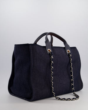 *FIRE PRICE* Chanel Denim Blue Deauville Tote Bag in Canvas & Calfskin Leather with Silver Hardware & White Logo Detail