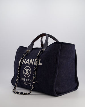 *FIRE PRICE* Chanel Denim Blue Deauville Tote Bag in Canvas & Calfskin Leather with Silver Hardware & White Logo Detail