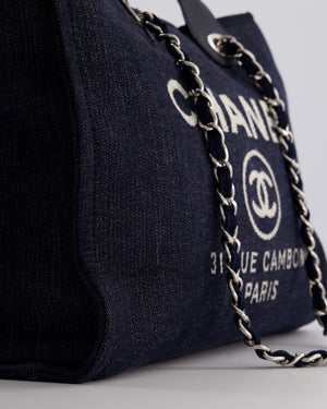 *FIRE PRICE* Chanel Denim Blue Deauville Tote Bag in Canvas & Calfskin Leather with Silver Hardware & White Logo Detail