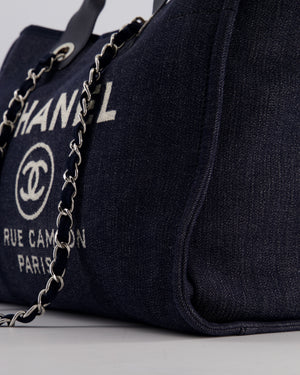 *FIRE PRICE* Chanel Denim Blue Deauville Tote Bag in Canvas & Calfskin Leather with Silver Hardware & White Logo Detail