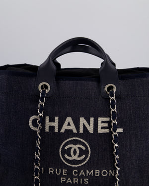 *FIRE PRICE* Chanel Denim Blue Deauville Tote Bag in Canvas & Calfskin Leather with Silver Hardware & White Logo Detail