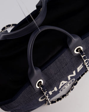 *FIRE PRICE* Chanel Denim Blue Deauville Tote Bag in Canvas & Calfskin Leather with Silver Hardware & White Logo Detail