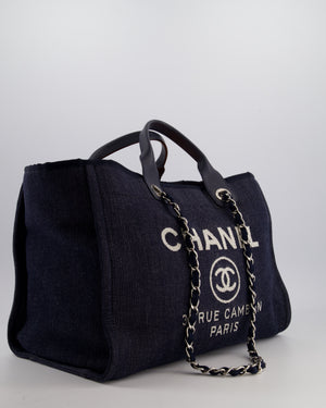 *FIRE PRICE* Chanel Denim Blue Deauville Tote Bag in Canvas & Calfskin Leather with Silver Hardware & White Logo Detail