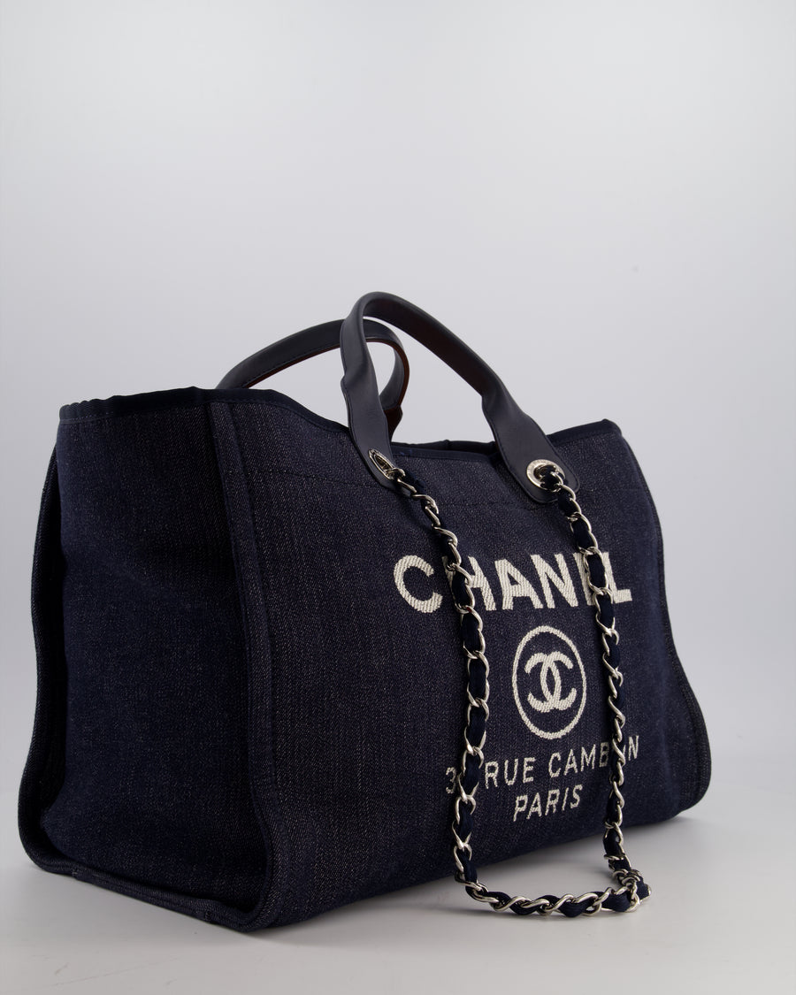 *FIRE PRICE* Chanel Denim Blue Deauville Tote Bag in Canvas & Calfskin Leather with Silver Hardware & White Logo Detail