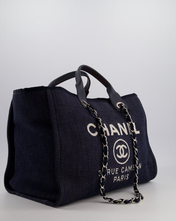 *FIRE PRICE* Chanel Denim Blue Deauville Tote Bag in Canvas & Calfskin Leather with Silver Hardware & White Logo Detail