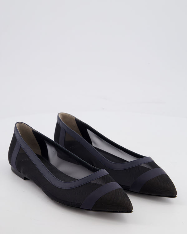 Fendi Black Mesh & Leather Pointed Toe Ballerina Shoes Size EU 37.5