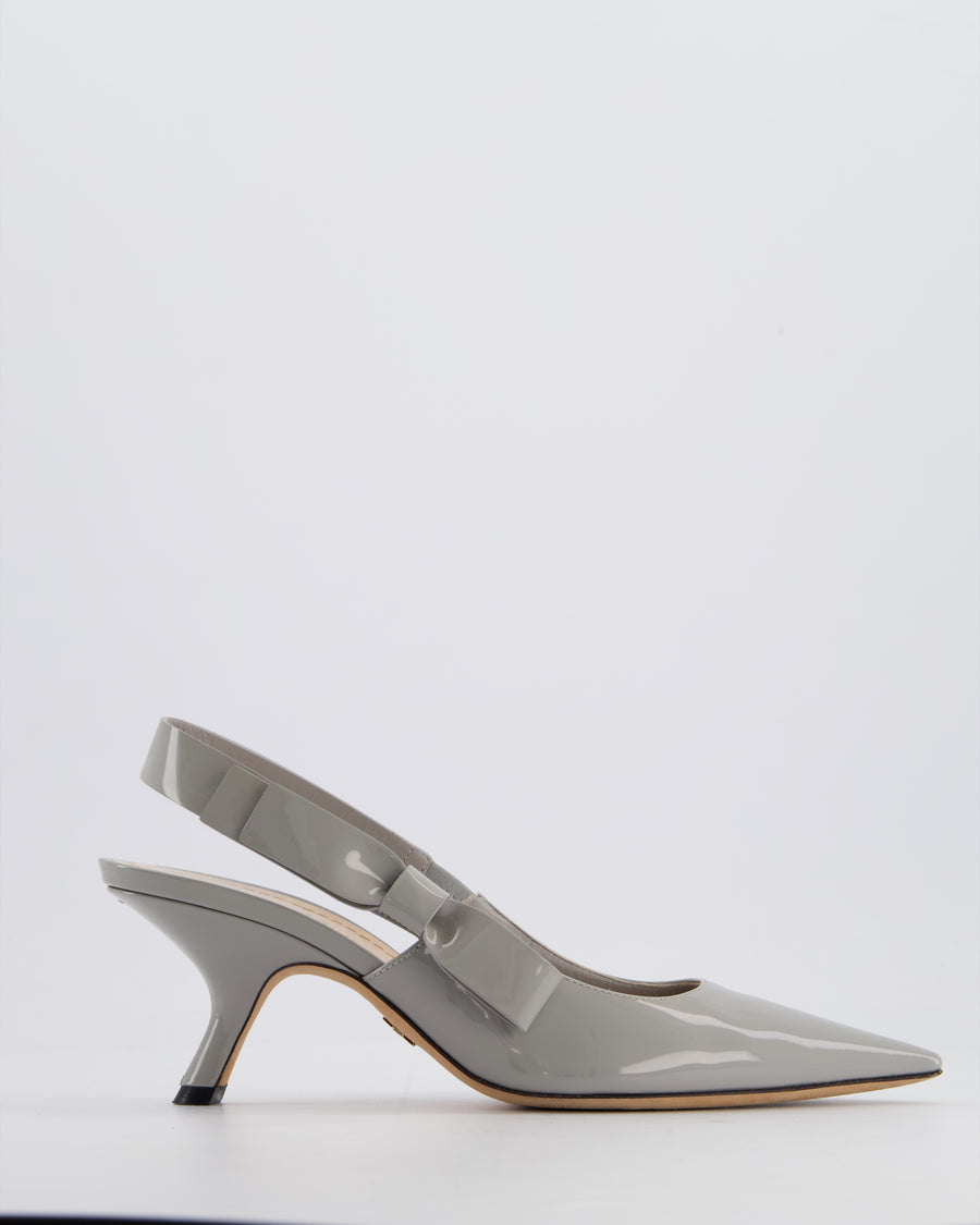 Christian Dior Grey Patent Leather J'Adior Slingback Pumps with Bow Detail Size EU 38.5