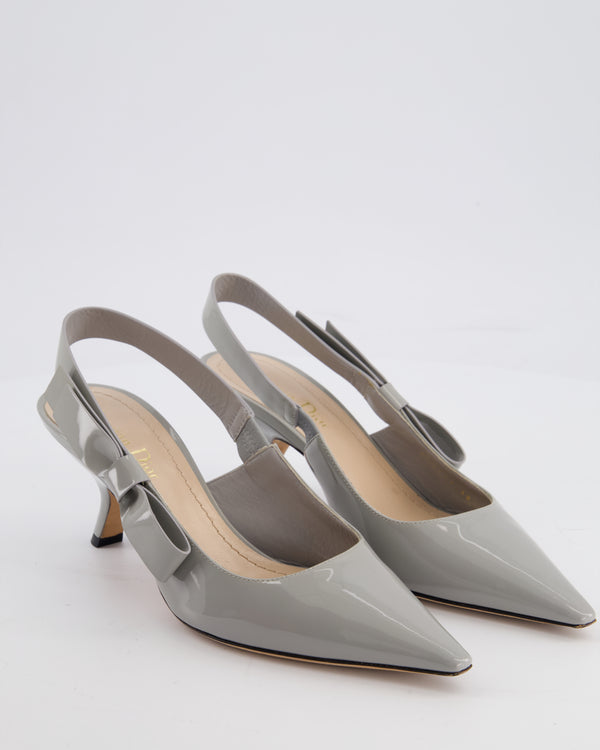 Christian Dior Grey Patent Leather J'Adior Slingback Pumps with Bow Detail Size EU 38.5