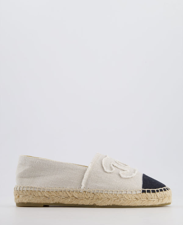 Chanel Cream and Black Canvas Espadrilles with CC Logo Size EU 38