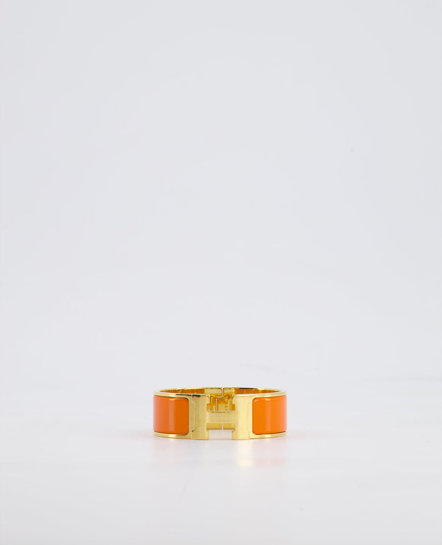 Hermes Large Clic H Bracelet in Orange Enamel with Gold Hardware