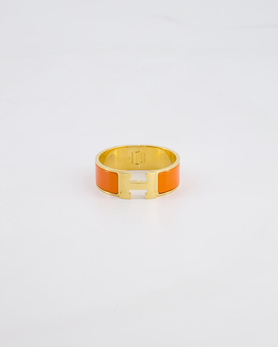 Hermes Large Clic H Bracelet in Orange Enamel with Gold Hardware