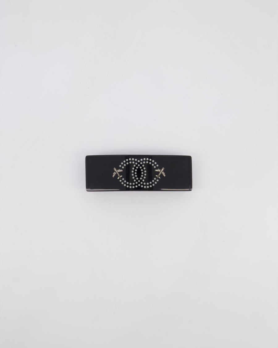 Chanel Black & White Hair Clip with Logo and Crystals