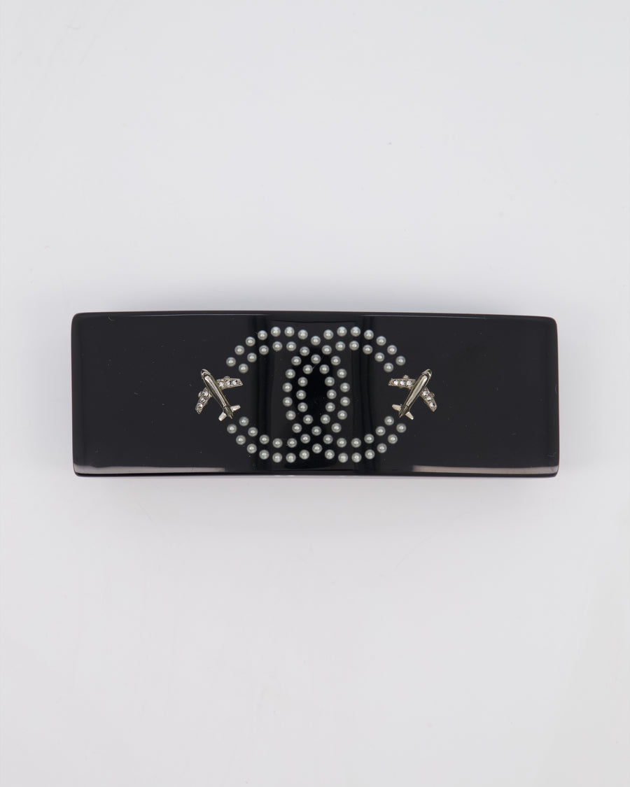 Chanel Black & White Hair Clip with Logo and Crystals