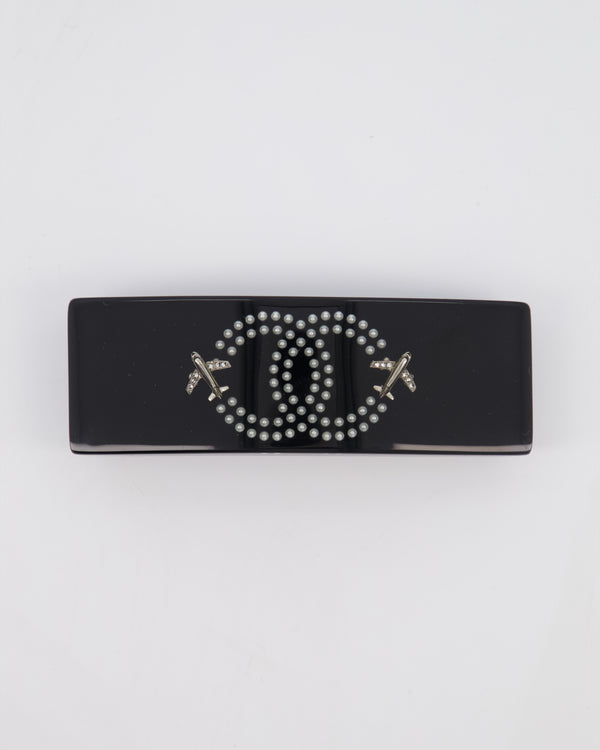 Chanel Black & White Hair Clip with Logo and Crystals