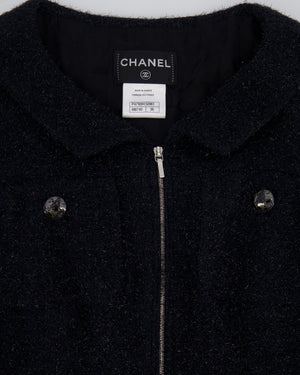 Chanel Black Shimmery Mini Dress with Silver Zip and Globe CC Buttons Detail Size FR 36 (UK 8)