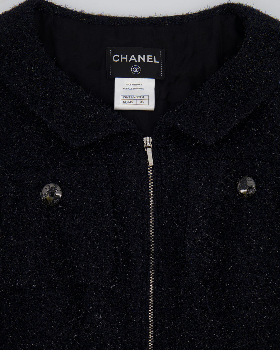 Chanel Black Shimmery Mini Dress with Silver Zip and Globe CC Buttons Detail Size FR 36 (UK 8)