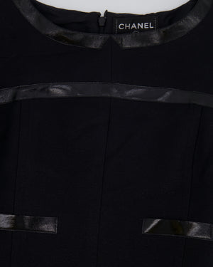 Chanel Black Mini Dress with Patent Leather Effect Trim Details and Globe CC Logo Button Size FR 34 (UK 6)