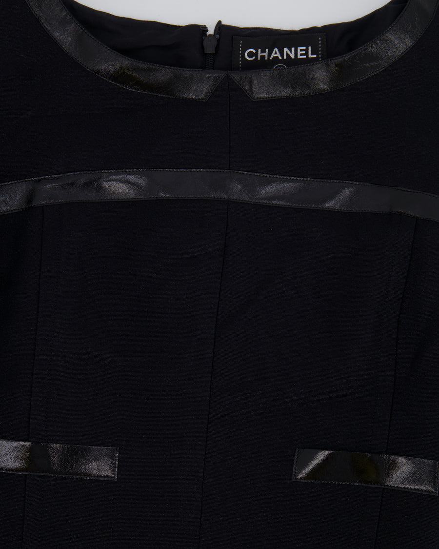 Chanel Black Mini Dress with Patent Leather Effect Trim Details and Globe CC Logo Button Size FR 34 (UK 6)