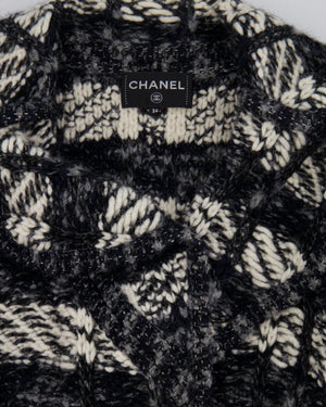 Chanel Grey and White Wool Long Knitted Coat with CC Belt and "Gabrielle Coco" Embroidery with Logo Buttons Size FR 34 (UK 6)