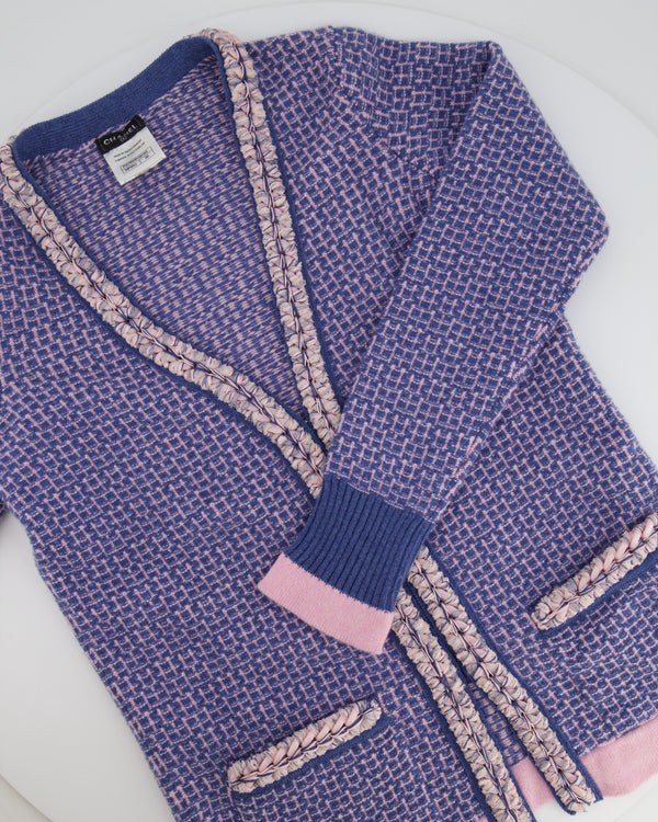 Chanel Blue and Pink Cashmere Knitted Cardigan with Braided Trim Detail Size FR 36 (UK 8)